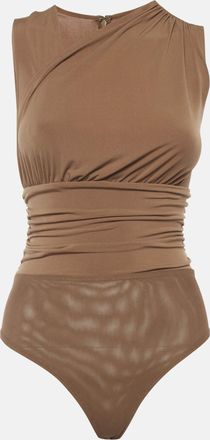 H&eacute;rve L&eacute;ger Tan Jersey Knit Ruched Zip Up Bodysuit