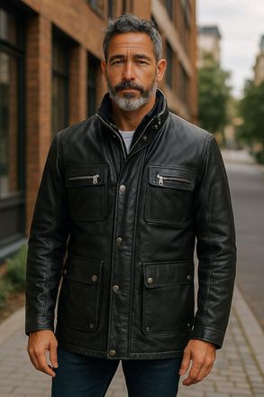 Infinity Leather Heren zwarte leren militaire jas - Buitenjas - Veld