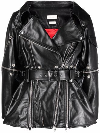 Alexander McQueen belted-waist biker jacket - women - Cotton/Viscose/Calf Leather - 42 - Black
