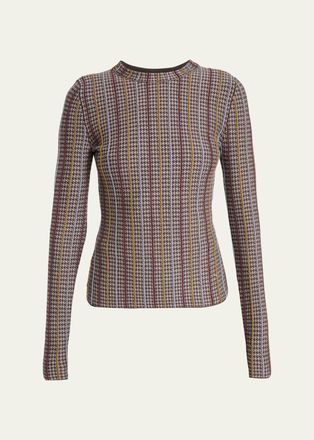 Gabriela Hearst Pons Cashmere-Silk Striped Houndstooth Crewneck Sweater