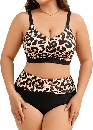 Heekpek Womens Swimming Costumes Plus Size V Neck Tummy Control Swimsuit 2 Piece Twist Front High Waisted Bikini Set Plus Size Swimwear, Leopard Print, 3XL