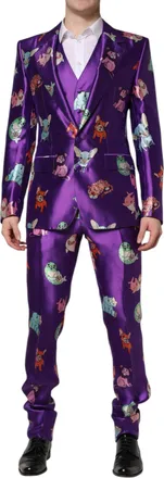 Dolce & Gabbana Mens Purple Silk Animal Print 3 Piece Suit