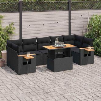 vidaXL Set Sof&aacute;s Jard&iacute;n Y Cojines 8 Pzas Rat&aacute;n Sint&eacute;tico Acacia Negro Vidaxl