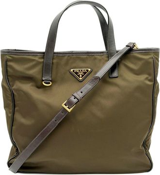 Prada Dark Brown Khaki Nylon Leather Shoulder Bag Tote Bag (Pre-Owned)