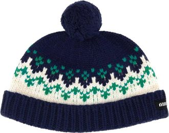 Miu Miu Womens Fair Isle Wool Beanie Navy Virgin