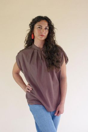 Kalalou High-Neck Short-Sleeve Blouse With Flat Pom-Pom Lace- Mulberry