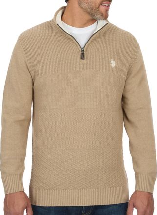 U.S.Polo Association Mens Cable Knit Quarter Zip Textured Ribbed and Collared Pullover Sweater - Classic Solid Color, Camel Heather, Large