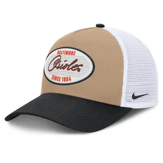 Nike Baltimore Orioles Rise Nike Mens MLB A-Frame Trucker Adjustable Hat in Brown | NB1F0JOWOLE-G3T
