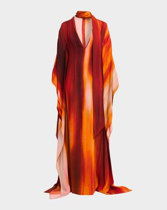 LaQuan Smith Plunging Neck-Scarf Dolman-Sleeve Caftan Gown