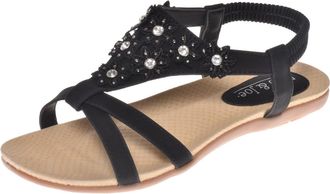 Jo & Joe Ladies Ravello Jo & Joe Faux Leather Peep Toe Sling Back Flower Fashion Flat Diamante Flip Flop Sandals Size 3-8 (UK 6, Black)