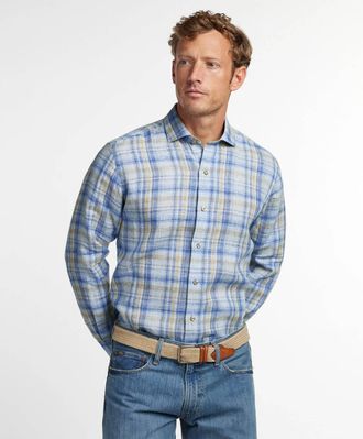 David Donahue Linen Check Sport Shirt In Blue/dune