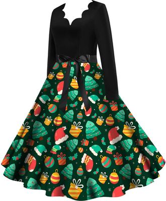 Generic Christmas Fancy Dress Womens Vintage A Line Dress Retro Long Sleeve Flared Swing Dress High Waist Tunic Dress with Belt Pleated Midi Dress Cocktail We