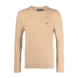 Polo Ralph Lauren Pullover van scheerwol-kasjmier met kabels - Heren - Ronde hals truien - Bruin - L - Wol - Truien & Vesten