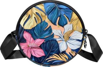 Generic Circle Crossbody Bag for Women, Jungle Leaves Small Sling Bag Daypack with Zipper Adjustable Shoulder Straps Casual Ladies Girls Round Purse