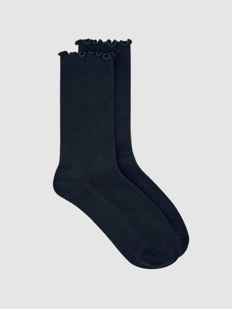 Reiss Black Ribbed Frilly Socks, One Size