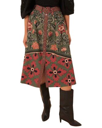 Farm Rio Farm Rio Arabesque Floral Green Buttons Midi Skirt