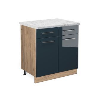 Vicco Mueble Bajo De Cocina Fame-line, Azul Oscuro Alto Brillo, 80 Cm, Et M&aacute;rmol