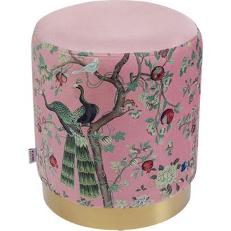 Kare Design Taburete estampado pavo real en terciopelo rosa y oro &Oslash;32c