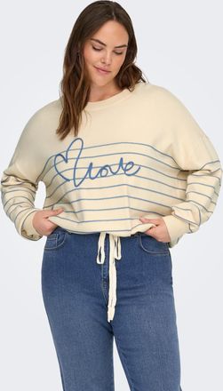 Only Carmakoma Rundhalspullover ONLY CARMAKOMA CARSIGNE LS TEXT DETAIL O-NECK KNT, Damen, Gr. XL, birch detail:riviera stripe, text, Strick, Obermaterial: 52% Viskos