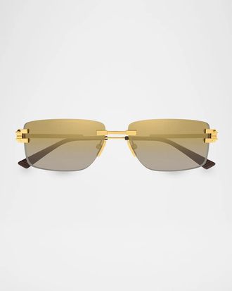 Bottega Veneta Men & apos;s BV1511S Step Ribbon Rimless Metal Rectangular Sunglasses