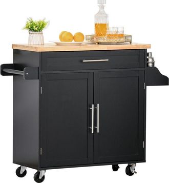 HOMCOM Carrito De Cocina Con Armario Cerrado Caj&oacute;n Toallero Y Especiero Estante Ajustable Interior M&oacute;vil Con Ruedas Para Comedor 109x40x89 Cm Negro