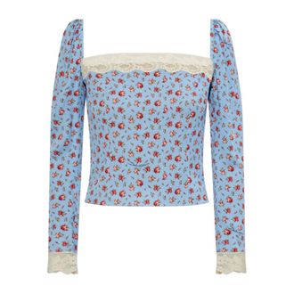 Dolce & Gabbana Blouses, female, Blue, Size: M Floral-print lace-trim top