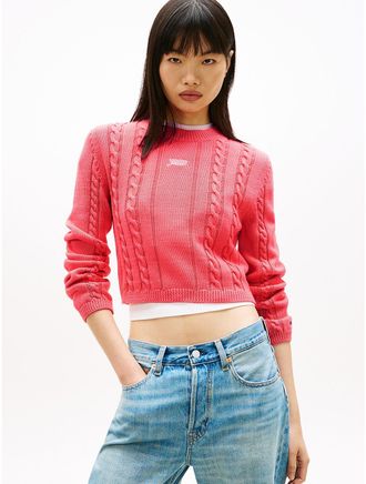 Tommy Hilfiger Womens Tommy Jeans Script Cable Knit Sweater - Pink - XL
