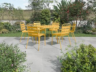 Vente-Unique Sala da pranzo da giardino un tavolo rotondo D.130cm e 6 poltrone impilabili in Metallo Giallo senape - MIRMANDE di MYLIA