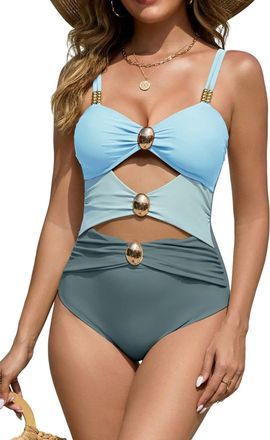 SHEKINI One Piece Swimsuit for Women Cutout Monokini Bathing Suit Ruched Sexy Swimwear Vintage Padded Beachwear