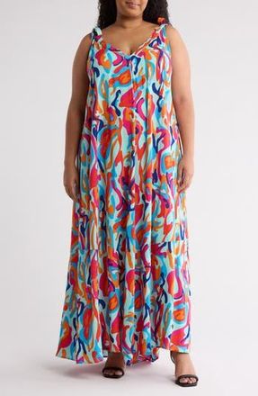 By Design Elise Tie Strap Maxi Dress in Aqua/Lava Leopard at Nordstrom Rack, Size 1X