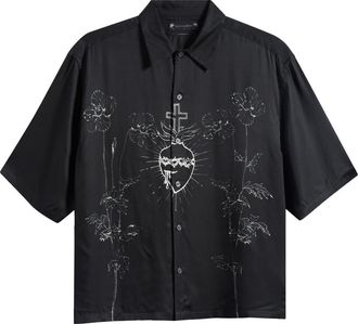 AllSaints Fleur Graphic Short Sleeve Button-Up Shirt in Black at Nordstrom, Size Xx-Large