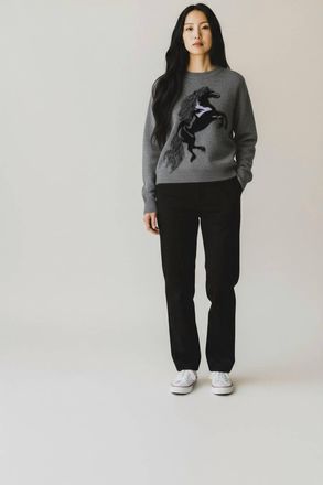 Autumn Cashmere Intarsia Horse Crewneck With Fringe Sweater In Cement Combo