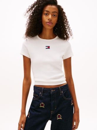 Tommy Jeans Kurzarmshirt TOMMY JEANS TJW SLIM BADGE RIB TEE, Damen, Gr. XL (42), beige (ecru), Single Jersey, Obermaterial: 95% Baumwolle, 5% Elasthan, unifarben,