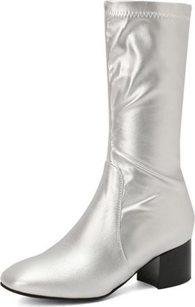 Generic Womens Mid-Calf Casual Boots with Square Toe and Block Heel - Patent Leather Riding Style,Silver,6.5 UK