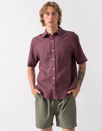 Colorful Standard Mens Colorful Standard Mens Short Sleeve Linen Shirt - Oxblood Red - Size: 42/Regular