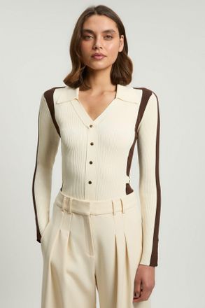 Karen Millen Womens Viscose Rib Contrast Colour Button Knit Top - Chocolate