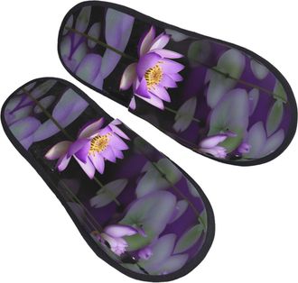 Generic Plush Cotton Slipper lotus flower Purple print Fluffy Slipper Fluffy Spa Slippers for Family Bedroom Hotels M