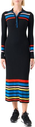 Akris Stripe Rib Long Sleeve Virgin Wool Polo Sweater Dress in Black-Multicolor at Nordstrom, Size 10