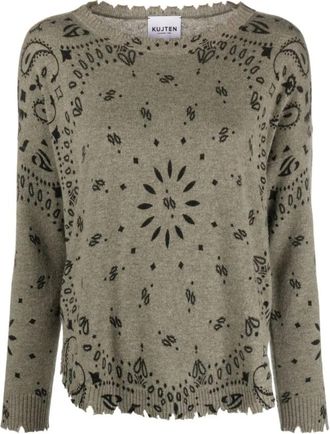 Kujten Cashmere Bandana Intarsia Gebreide Trui - Dames - Cashmere truien - Groen - L - Truien & Vesten