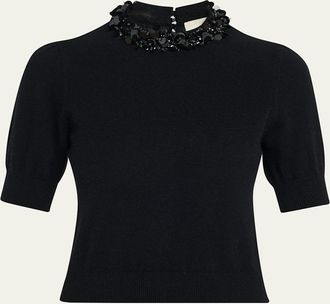 Ulla Johnson Liv Embroidered Short-Sleeve Cashmere Sweater