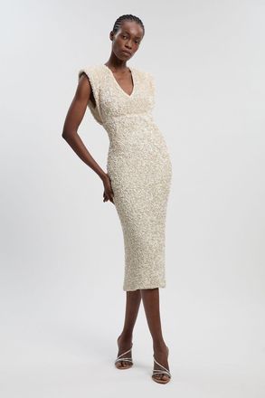 Karen Millen Womens Textured Sequin Sleeveless Midi Dress - White - Size 12 UK