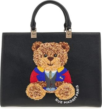 Rue Madam Tassen, Dames, Zwart, ONE Size, Katoen, Zwarte Eco Leren Tote Tas met Iconische Beer