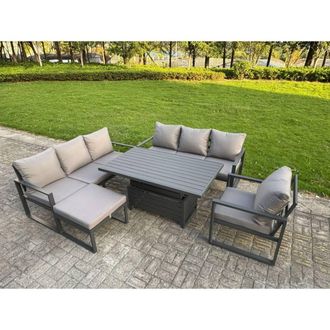 Fimous Aluminum 8-Seater Sofa Dining Set with Lifting Table & Big Footstool in Dark Grey