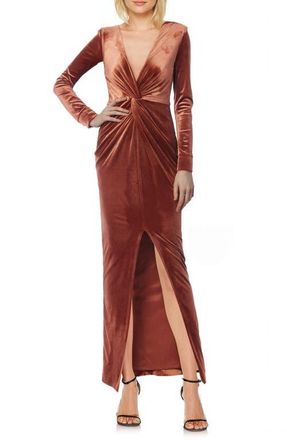 Badgley Mischka Twist Detail Long Sleeve Stretch Velvet Gown in Burnt Orange at Nordstrom, Size 14