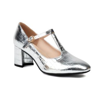 Generic Womens Crocodile Embossed PU Leather T Strap Pumps Adjustable Gold Buckle Square Toe Chunky Block Heel Non Slip Durable Comfortable Dress Shoes,Silver