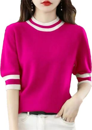 Generic Spring & Summer Womens Sweater Shirts - Fashion Short Sleeve Slim Fit Casual Knit Pullover Rose Red