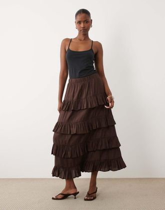 Vero Moda Gonna lunga a balze a vita alta color cioccolato con volant-Marrone