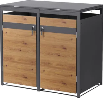 ML Design Ml-design Cobertizo Doble Para Ocultar Cubo De Basura 240l Antracita Aspecto Roble 132 X 80 X 120 Cm Caseta De Acero Para Jard&iacute;n Contenedor Resistente