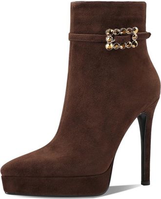 TinaCus Suede Leather Womens Pointed Toe Handmade Platform Stiletto High Heels Elegant Ankle Boots with Zipper, Brown/3.94, 5.5 UK