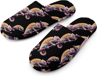 Generic Colorful Chameleon on Branch Flannel Mens Slip-on Slippers Winter Warm House Shoes with Rubber Sole for Home Hotel